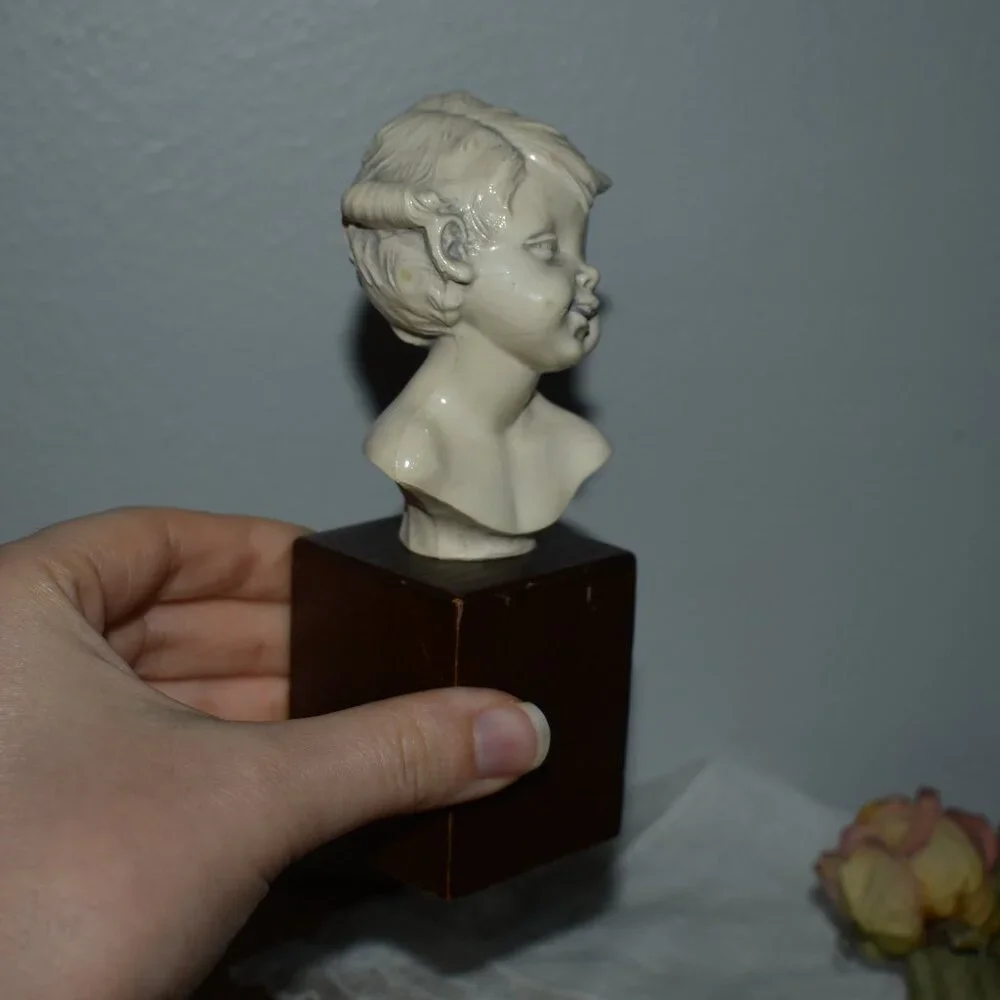 Antique Vintage Petit Resin Small Sculpture Smiling Boy Bust Decor